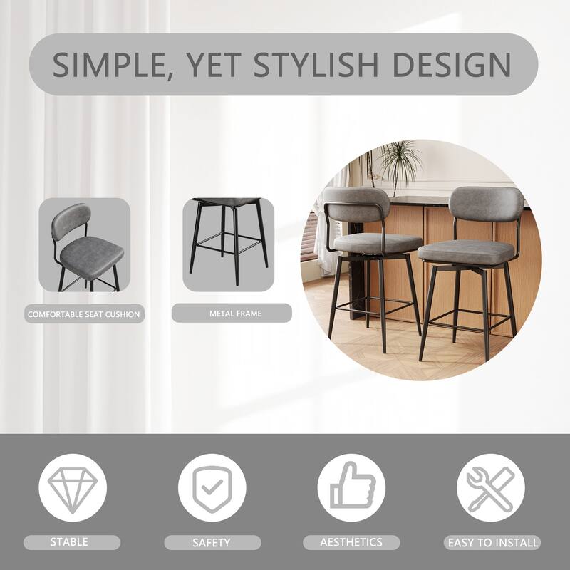 Set of 2 Modern 360°Rotating Bar Stools with Leather Cushions Iron Frame Adjustable Height Counter Stools