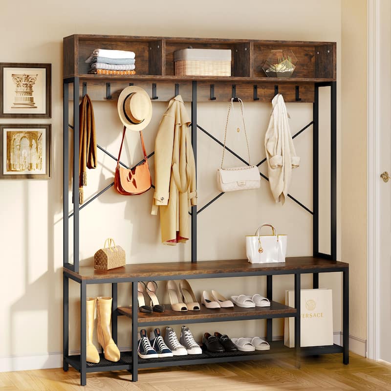 Moasis Industrial Entryway Bench with Coat Rack, 5in1 Hall Tree with