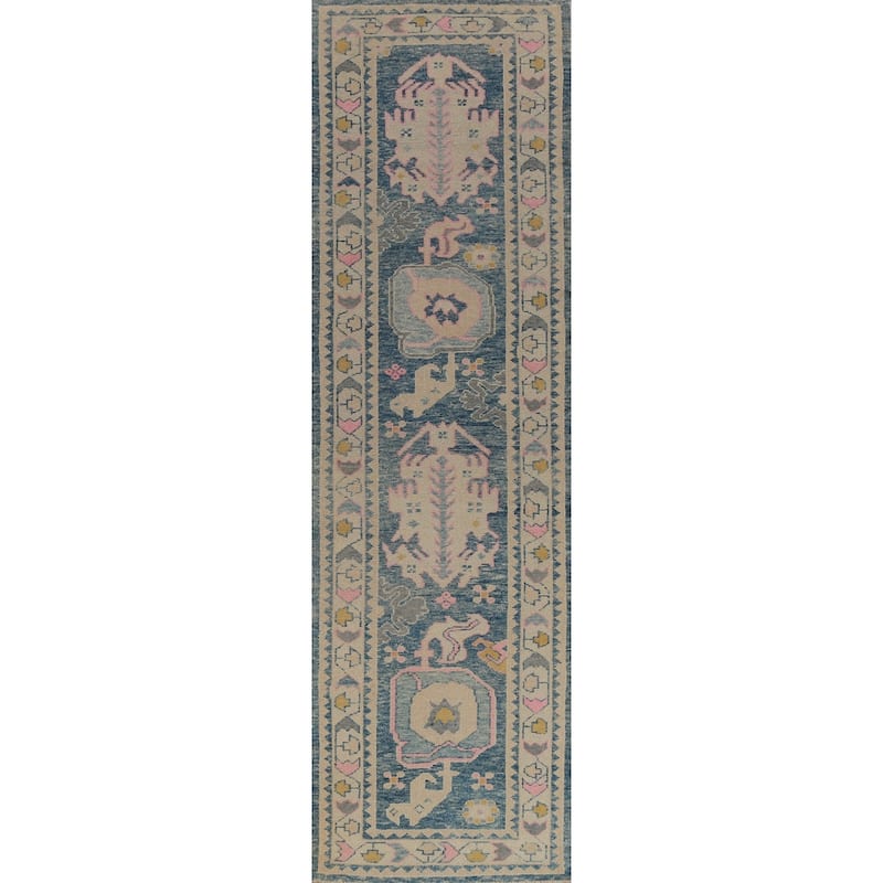 Hand Knotted Oriental 100% Wool Carpet Transitional Geometric Navy Blue & Blues Oushak Runner Rug - 13' 10'' X 3' 2''