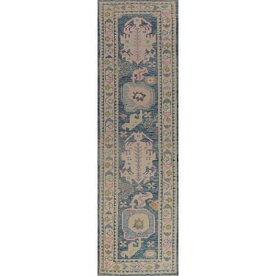 Hand Knotted Oriental 100% Wool Carpet Transitional Geometric Navy Blue & Blues Oushak Runner Rug - 13' 10'' X 3' 2''