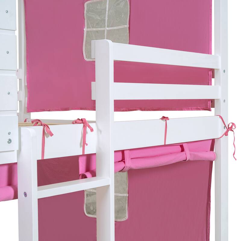 Pink+White Full Size Solid Wood House Bunk Bed with Tent, Ladder and Fence for Kids, Bedroom