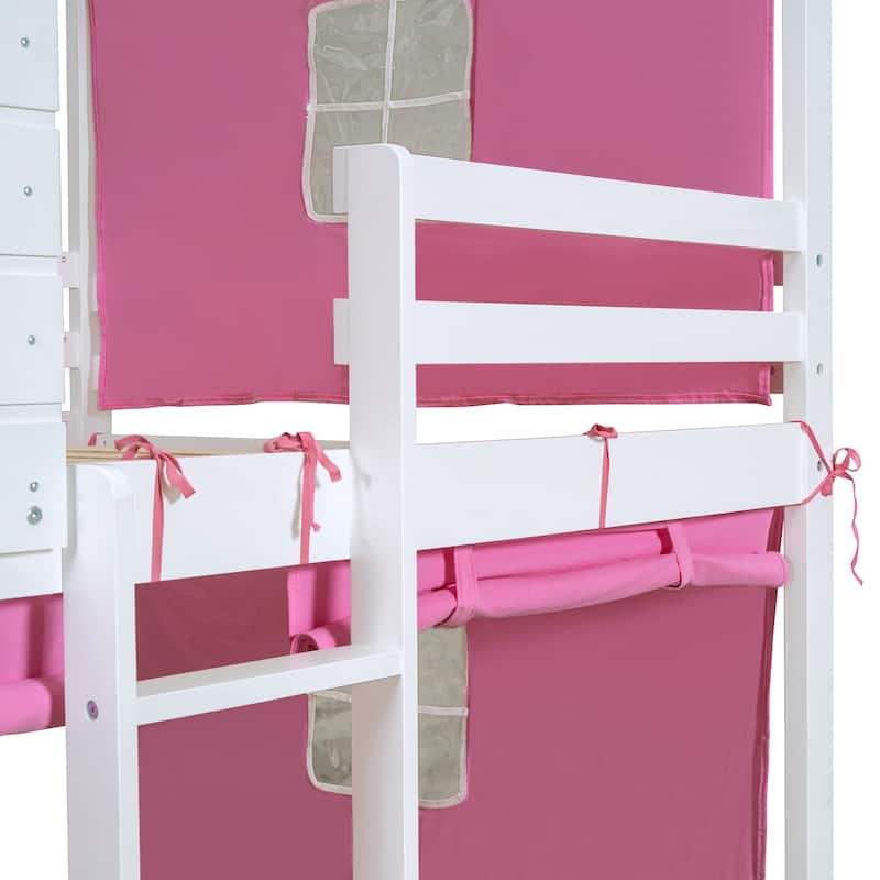 Solid Wood House Bunk Bed with Tent, Ladder and Fence for Kids, Bedroom