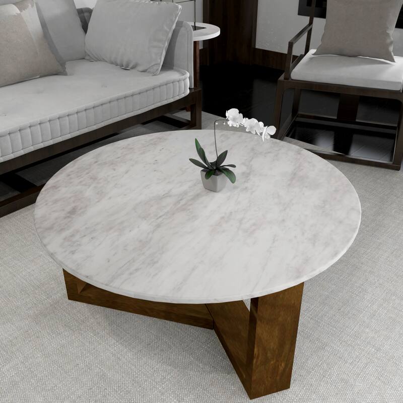 Fina Table, Round White Genuine Marble Top, Natural Brown Mango Wood 3 Leg Sled Base - 38Dia x 16H, in inches
