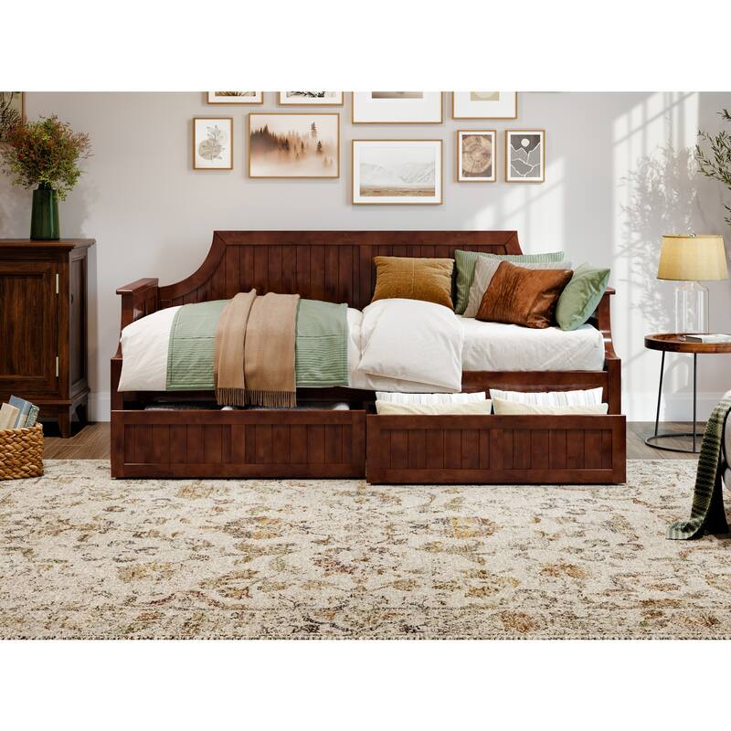 Twin Daybed with Drawers - Walnut Wood Frame, Curved Back, Underbed Storage