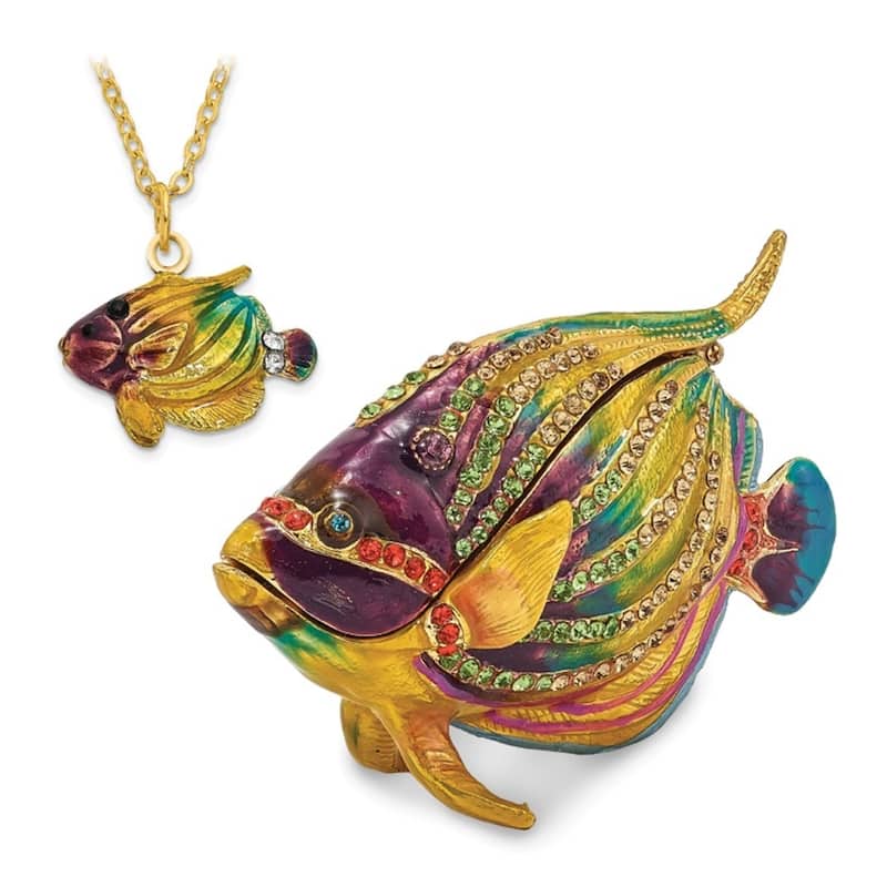 Curata Pewter Crystals Gold-Tone Enameled Kaleidoscope Fish Trinket Box Organizer - 3.5x2x1.25"