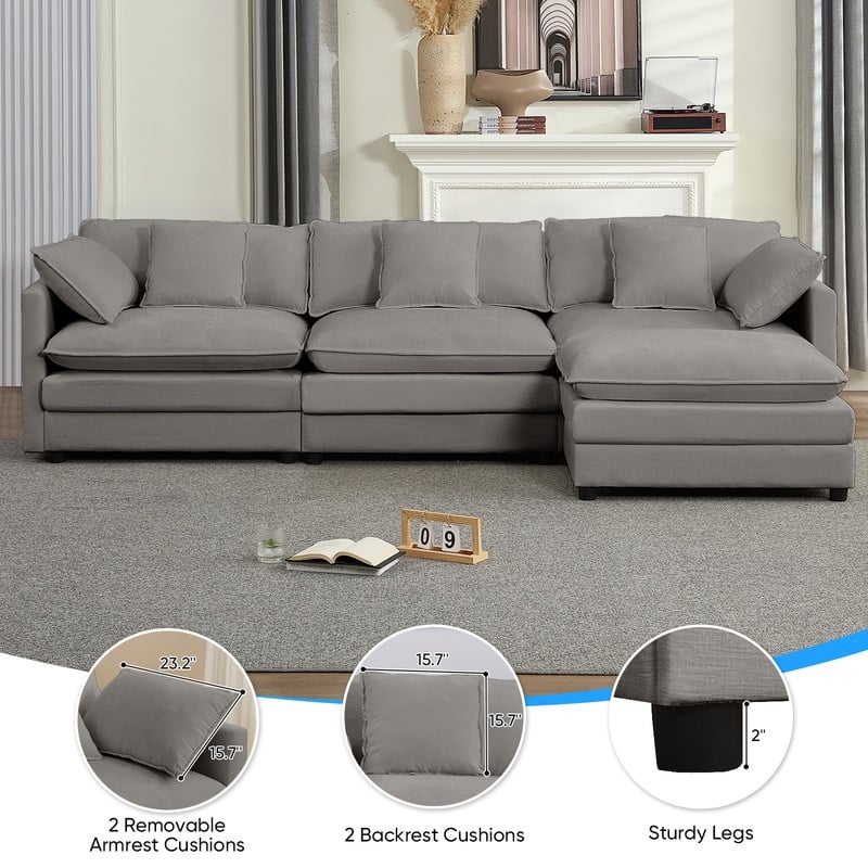 Mixoy 113''L-Shaped Modular Sectional Sofa,Modern Chenille 4-Seater Cloud Couch with Ottoman and Thickened Cushion