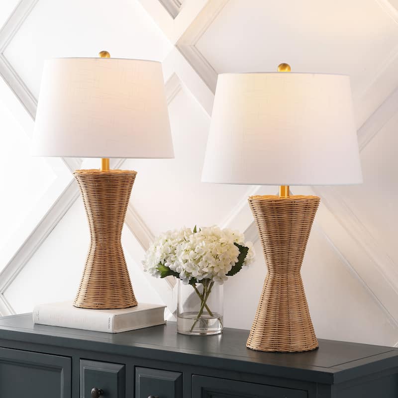 Alma 27" Coastal Designer Iron/Rattan Wicker LED Table Lamp, Natural (Set of 2), by JONATHAN Y - 27" - Natural
