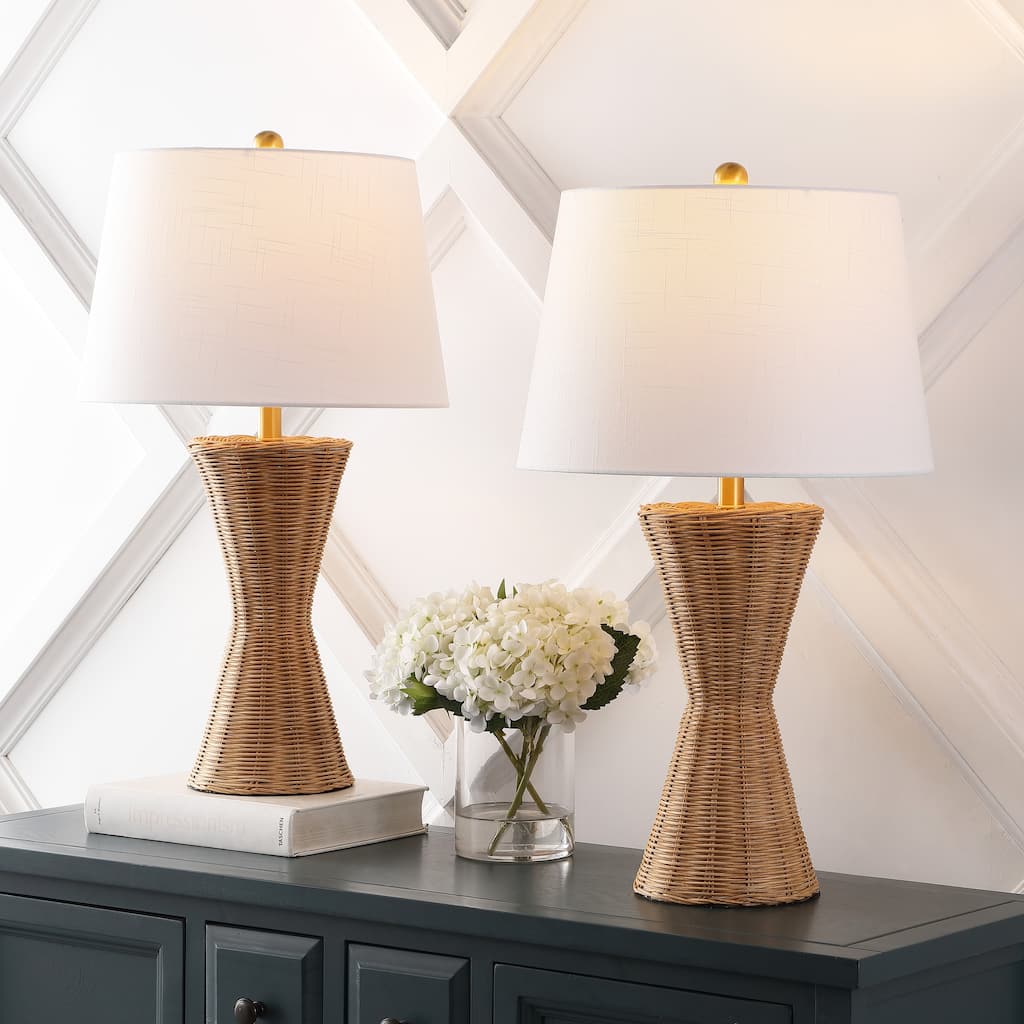 Alma 27" Coastal Designer Iron/Rattan Wicker LED Table Lamp, Natural (Set of 2), by JONATHAN Y