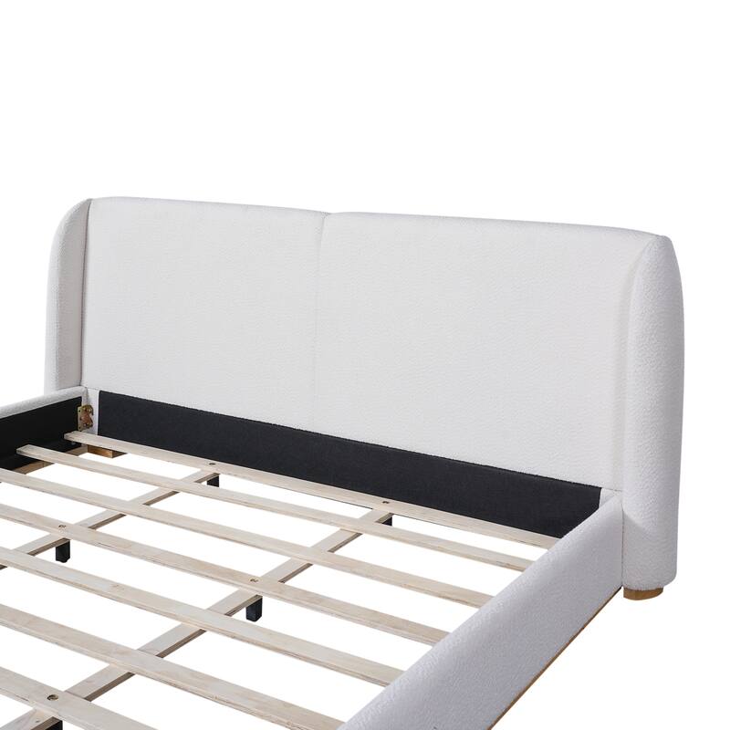 White Low Profile Platform Bed Ground Bed Boucle Frame with Upholstered Wingback Headboard