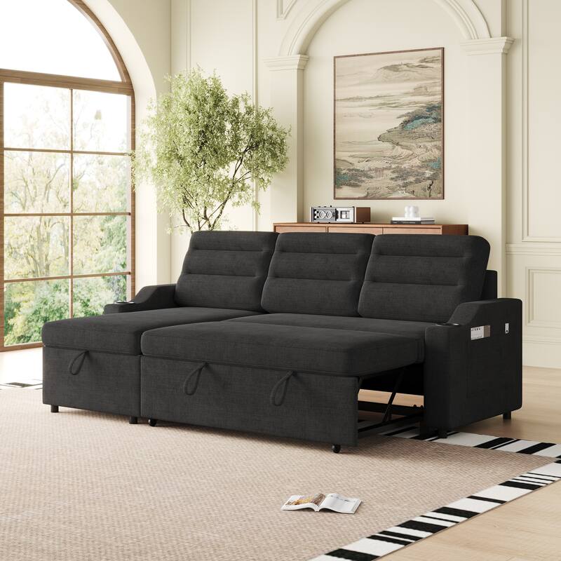 83.5" Convertible Sleeper Sofa - Polyester Sectional Sofa Bed with Pullout Bed and Cup Holder