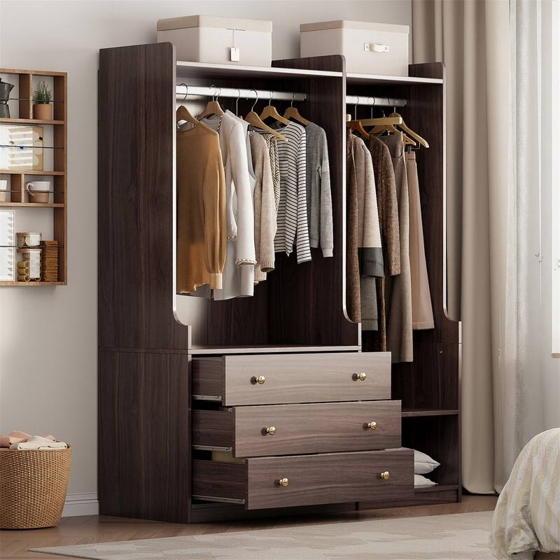 Open Style Wardrobe Closet with 3 Large Storage Drawers and Hanging Rods, Modern Armoire Clothing Organizer with Storage Shelves