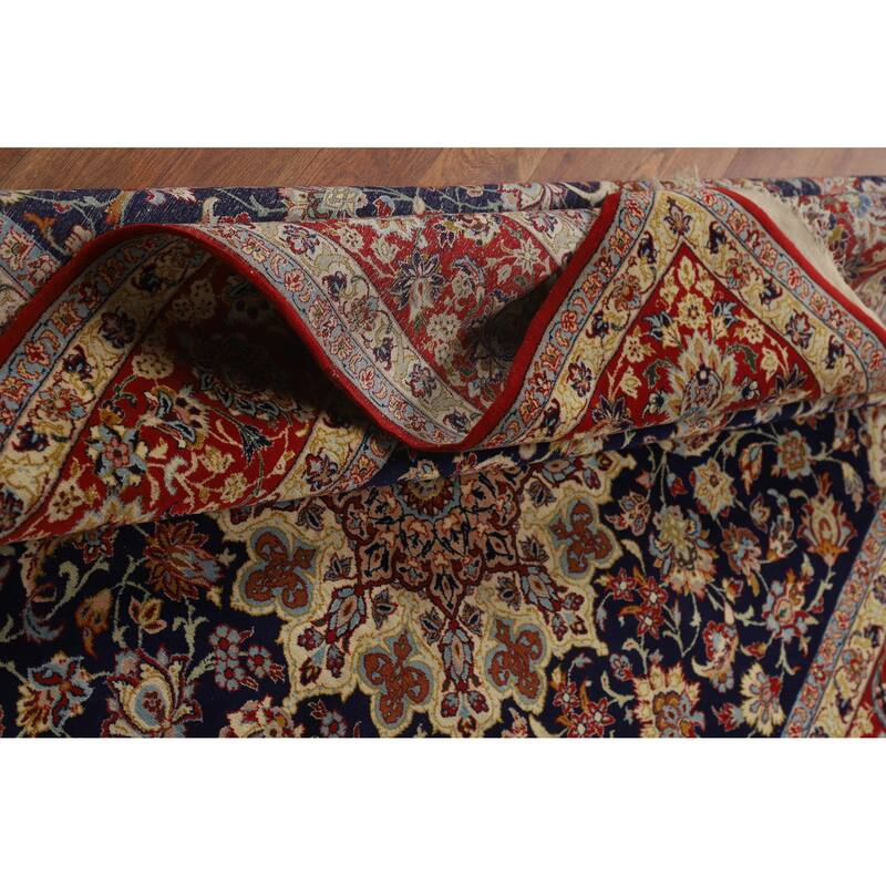 Hand Knotted Oriental 100% Wool Carpet Traditional Floral Navy Blue & Blues Isfahan Area Rug - 7' 5'' X 4' 9''