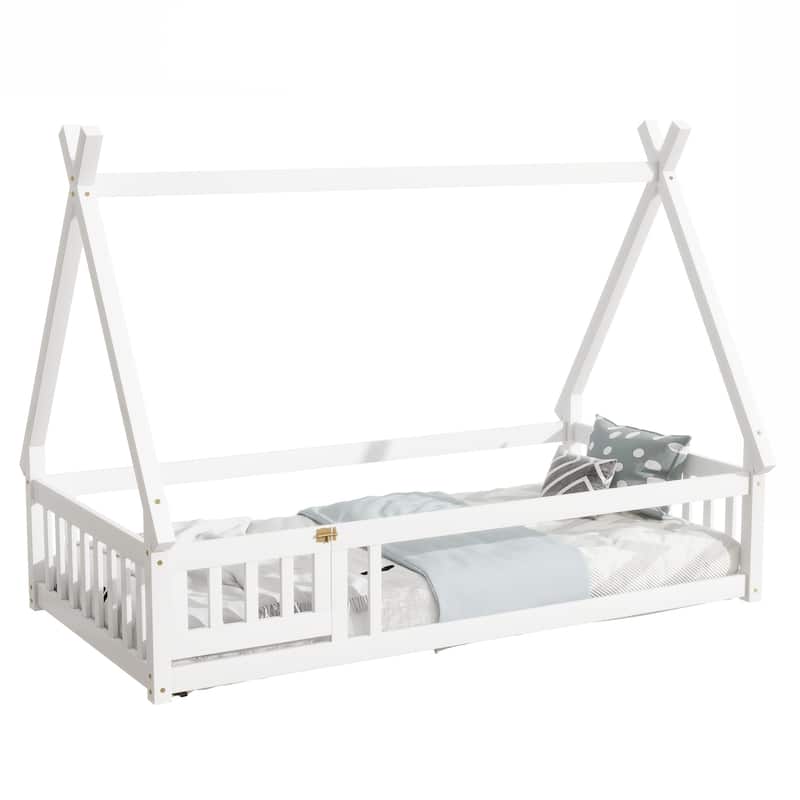 Twin Tent-shaped Floor Bed,Teepee Bed with Guardrails,Slats and Door