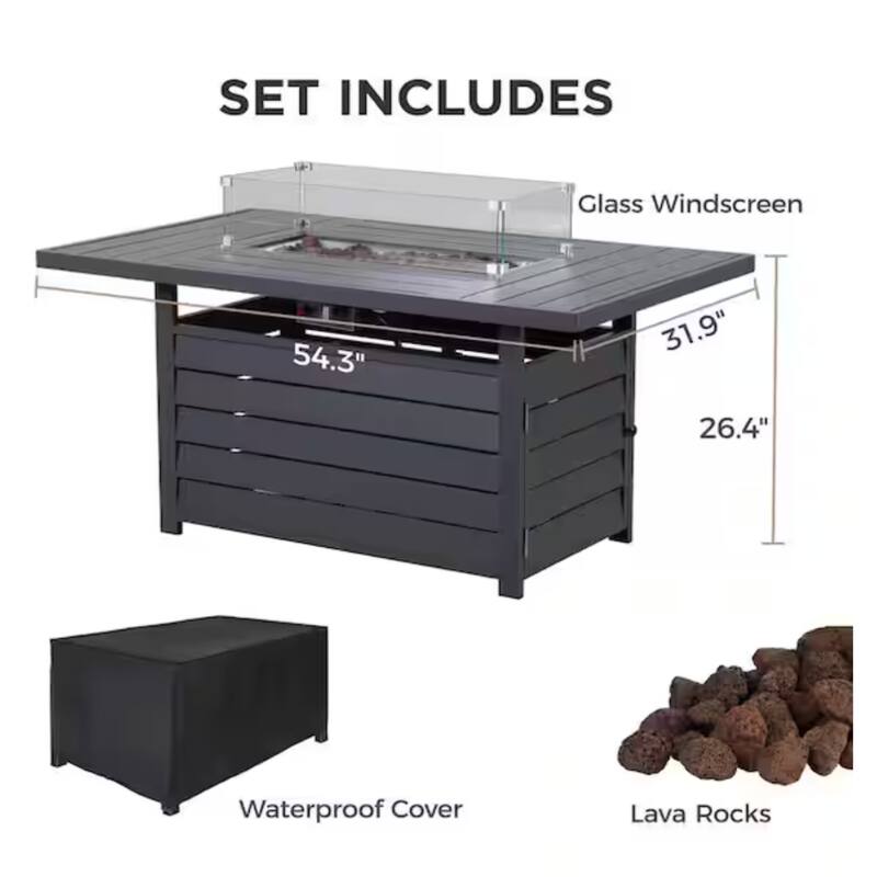 54.3" Patio Dark Grey Aluminum Fire Pit Table, 50000 BTU CSA Certified, Waterproof Cover