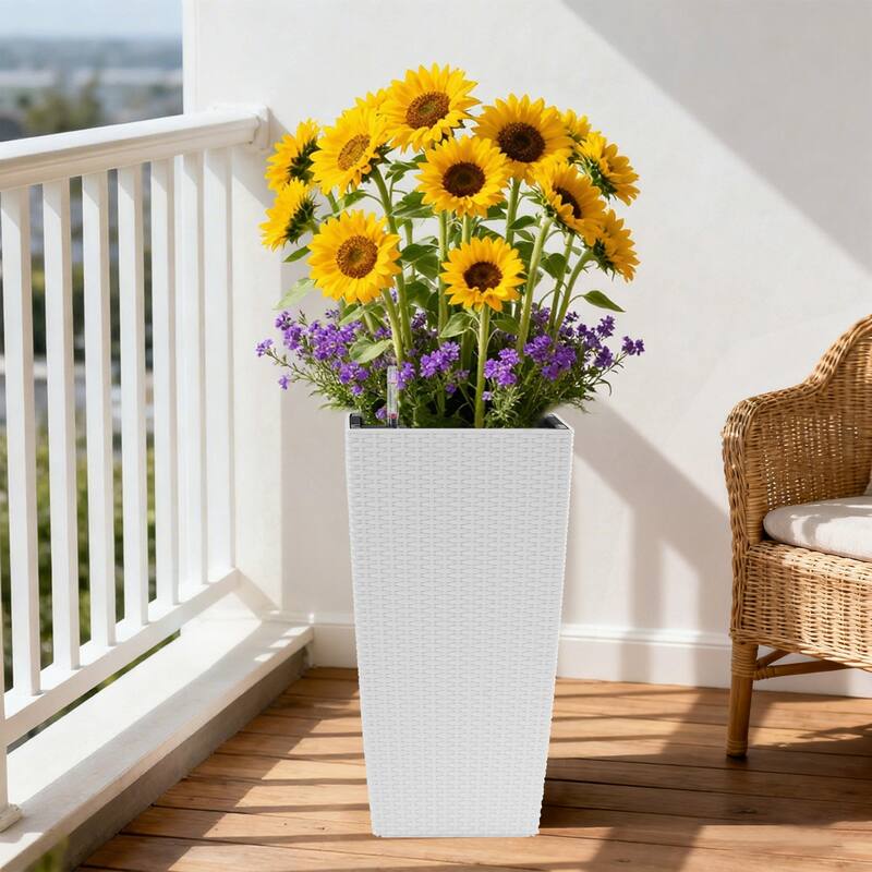 Square Planter Pack of 2, Faux Rattan Flower Pot with Automatic Watering System