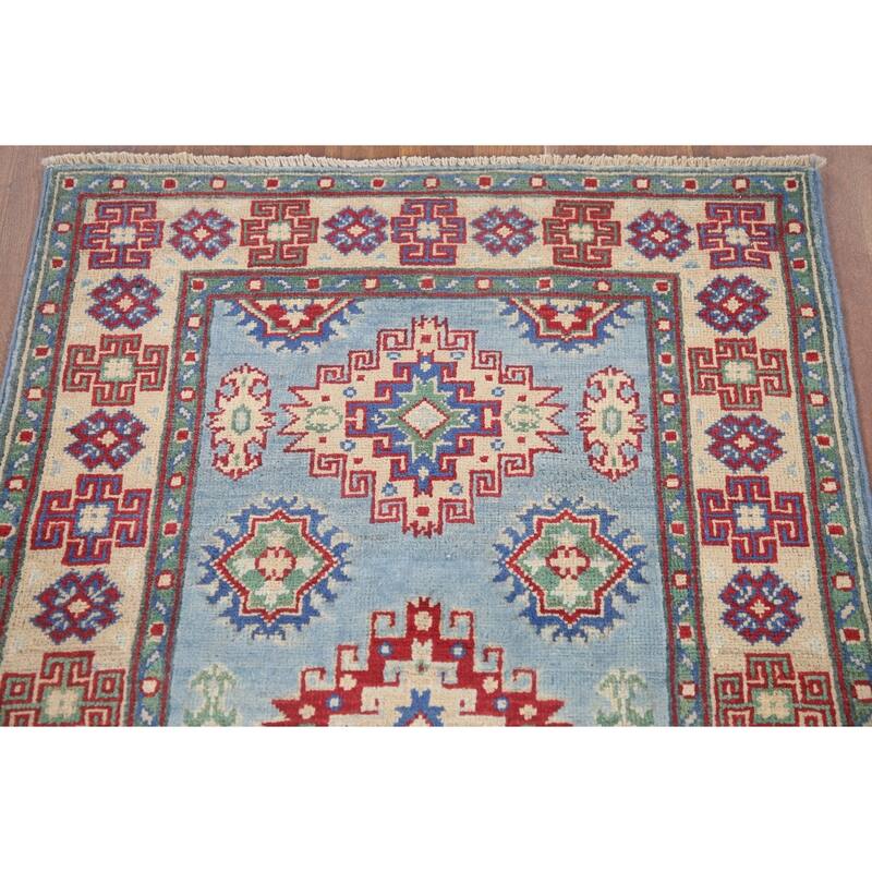 Hand Knotted Oriental 100% Wool Carpet Traditional Geometric Navy Blue & Blues Kazak Runner Rug - 6' 6'' X 2' 9''