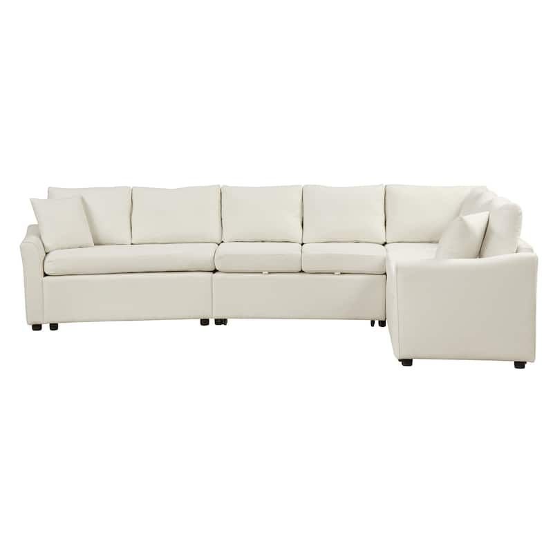 129.5" Chenille Sectional Sofa Modern L-Shape Pull-Out Sofa Bed Sleeper, (5-Seat) Upholstered Counch with USB Charging Port