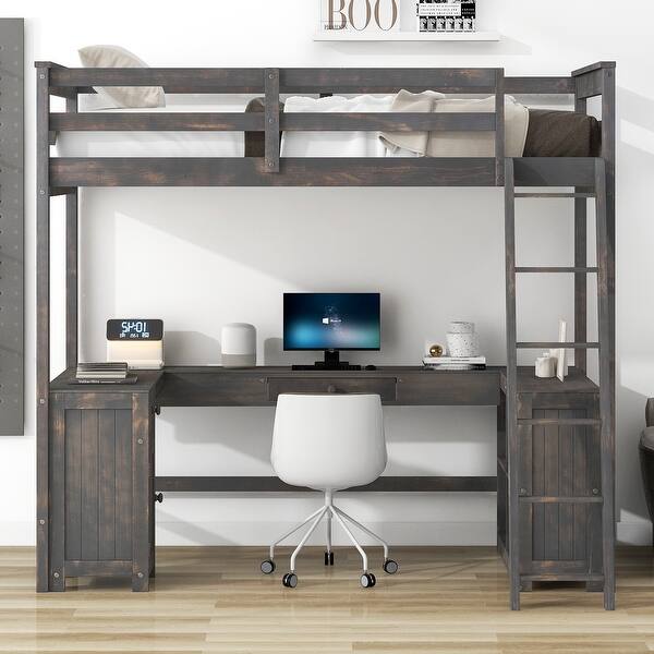 slide 2 of 40, Solid Wood Loft Bed Frame with Built In U Shaped Desk Antique brown - Twin