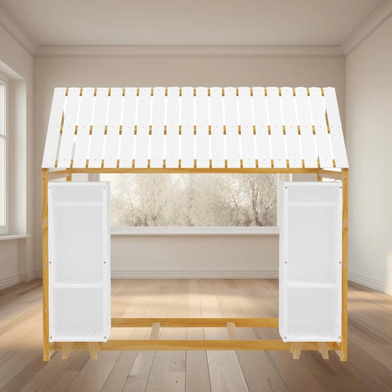 Wooden Twin Size House Shaped Platform Bed Frame with Fence and Roof, Kids Floor Bed with Movable Storage Wardrobes for Bedroom - Natural - Twin