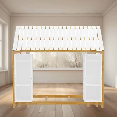 Wooden Twin Size House Shaped Platform Bed Frame with Fence and Roof, Kids Floor Bed with Movable Storage Wardrobes for Bedroom