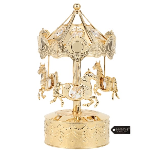 slide 2 of 8, 24K Gold Plated Music Box w/Crystal Studded Carousel Horse Figurine