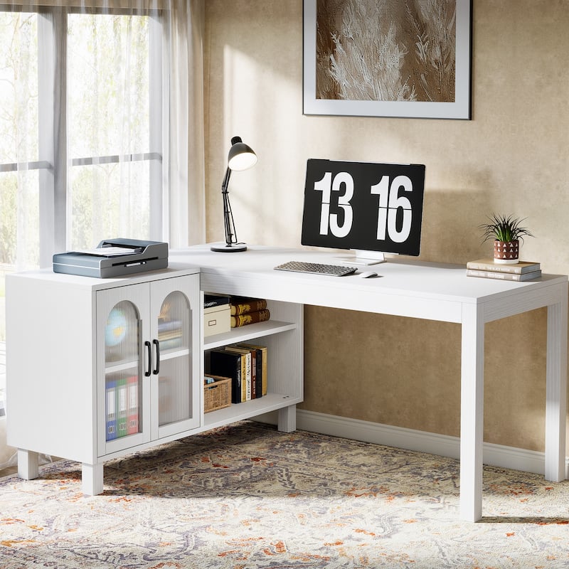 59 Inch L-Shaped Desk with File Cabinet and Storage Shelves, Corner Desk for Home Office - White