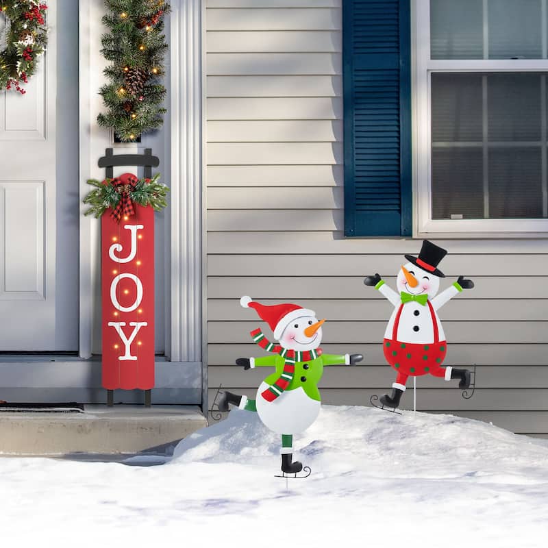 Glitzhome Metal Christmas Snowman Family Nutcracker JOY Yard Stakes Wall Decor