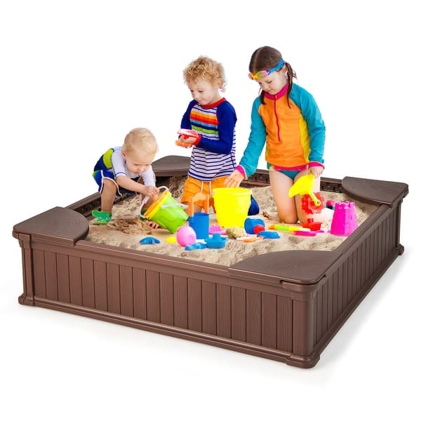 slide 2 of 17, Kids Outdoor Sandbox with Oxford Cover and 4 Corner Seats - 48.5" x 48.5" x 12.5" Brown