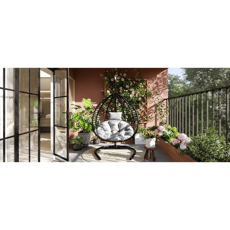 Roomfitters Indoor Outdoor Hanging Egg Hammock Chair with Stand, Wicker Rattan Swing for Patio and Bedroom