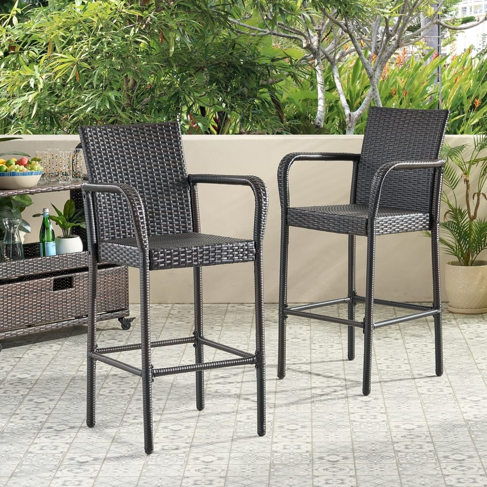 Delfina Outdoor Grey Wicker Barstools (Set of 2) by Christopher Knight Home - 24.80" D x 24.35" W x 46.50" H