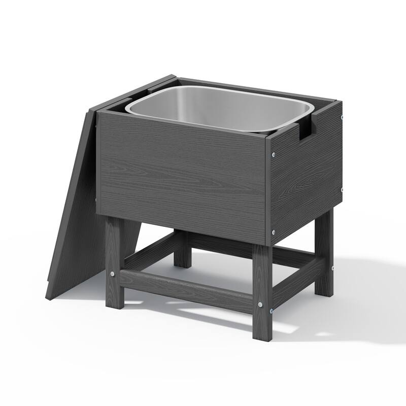 Outdoor Patio Weather Resistant HDPE Coffee & Side Table, Build-in Stainless Steel Cooler Bucket - Charcoal