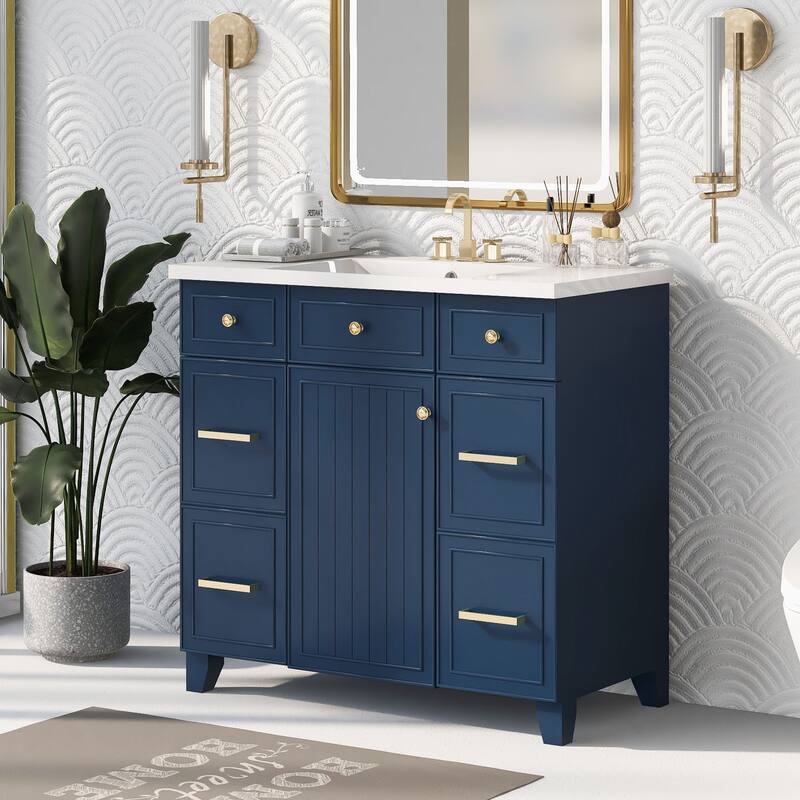 Modern 36-Inch Free-Standing Vanity with Single Sink, Storage Drawers & Adjustable Shelf