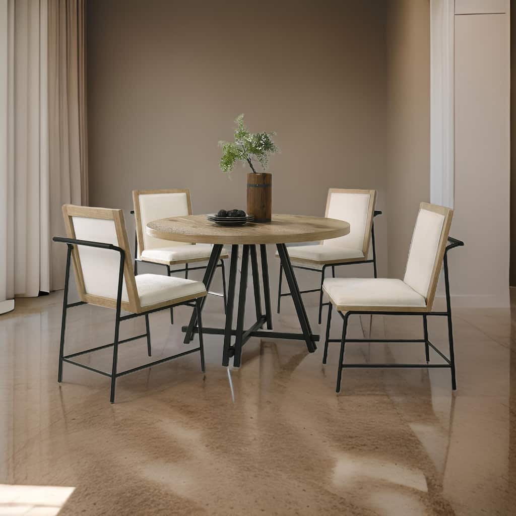 Tete Dining Table Set with 4 Chairs, Solid Wood Round Top, Black Metal Base