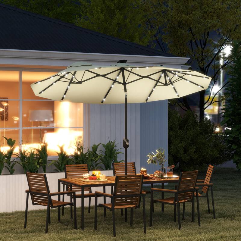 Cream White Solar-Powered LED Patio Umbrella with 12-Rib Vented Design and Easy Crank Operation - 116.5" L x 59.1" W x 89.4" H