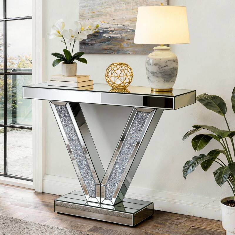 V-Shaped Frame Mirrored Console Table With Sparkling Crystal Accents - Wood/Glass