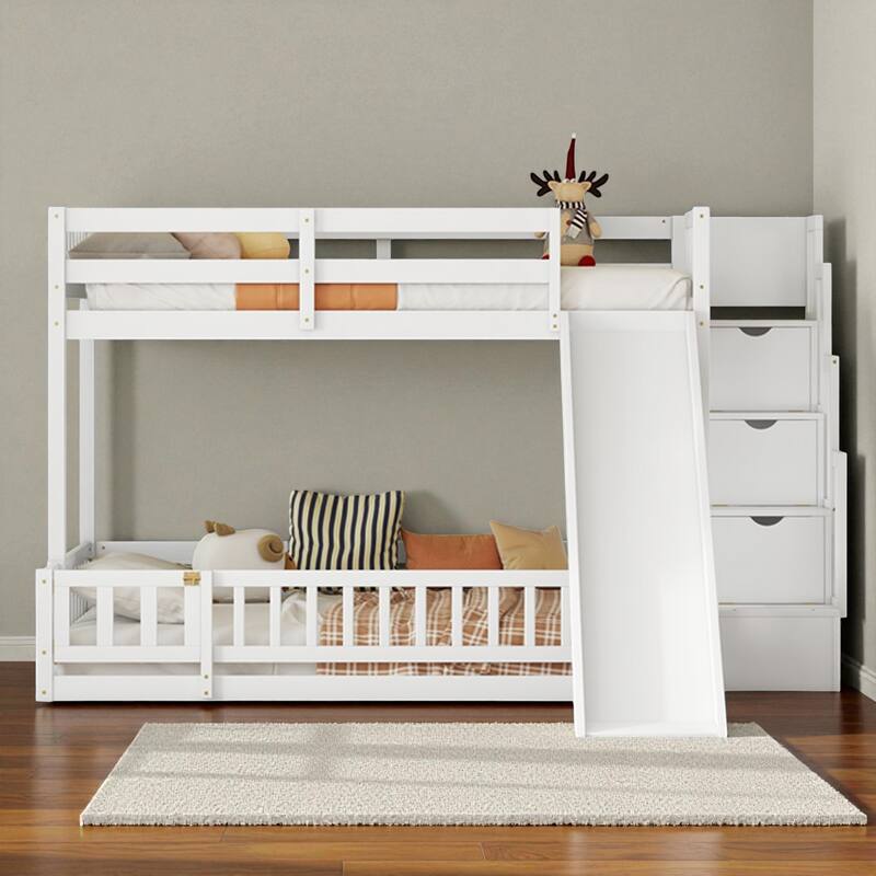 Twin Over Full Bunk Bed with Slide and Storage Staircase, Solid Pine Wood Frame with Guardrails and Drawers - White - Full