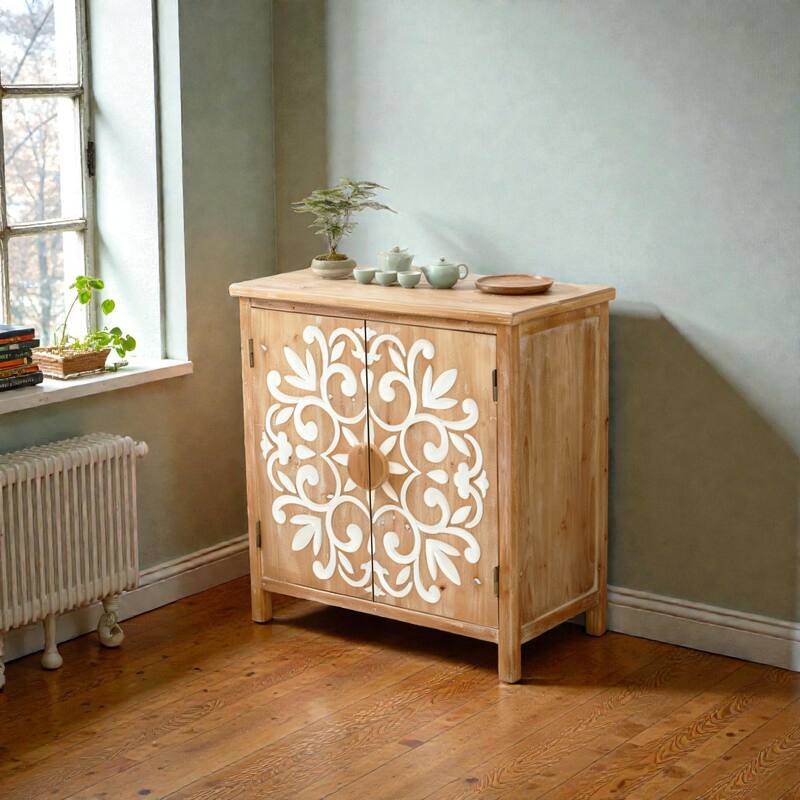 Rustic Wooden Accent Cabinet with Floral Carved Doors, 2-Door Storage Sideboard for Living Room
