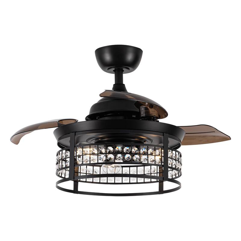 36" Industrial Foldable 3-Blade Black Crystal Ceiling Fan with Remote