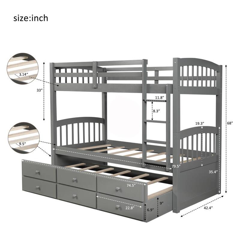 Convertible Twin Bunk Bed with Trundle, Safety Rails, and 3 Drawers