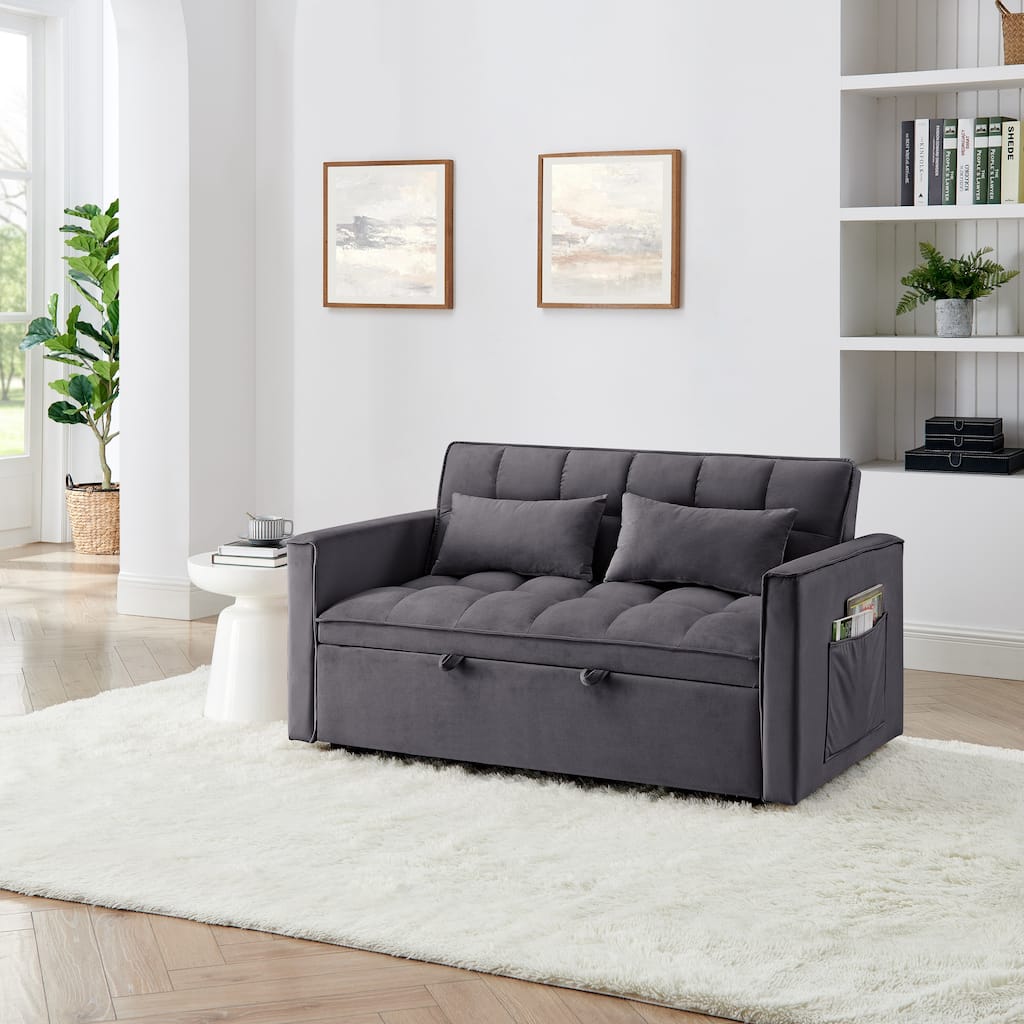 Antique Gray Convertible Sofa Bed with USB Port, Folding Loveseat Sleeper Sofa Couch with Adjustable Backrest