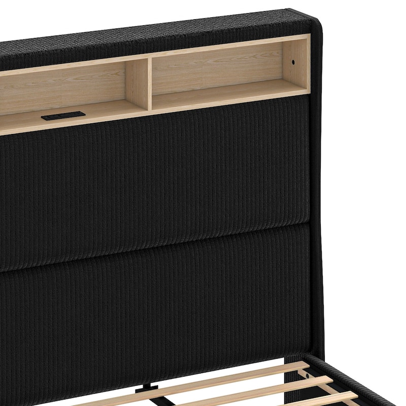 Moasis Corduroy Upholstered Platform Bed Frame with Charging Station and RGB LED Lights