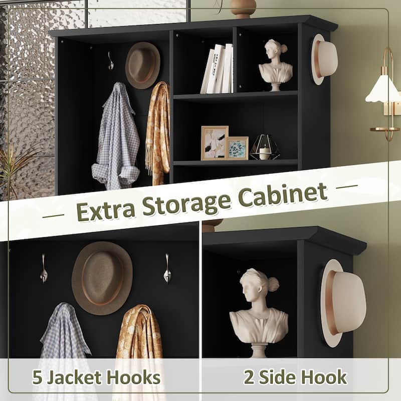 Anmytek Black 5 in 1 Hall Tree Entryway Storage Organizer with Shoe Bench Hooks Cabinet