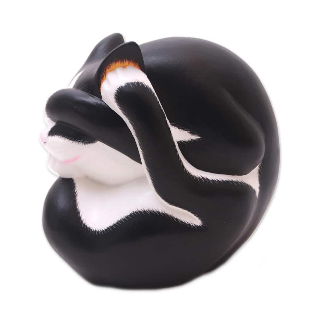 Novica Handmade Black And White Yogi Cat Wood Sculpture