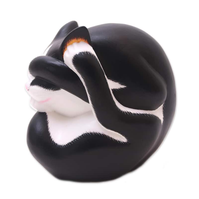 Novica Handmade Black And White Yogi Cat Wood Sculpture