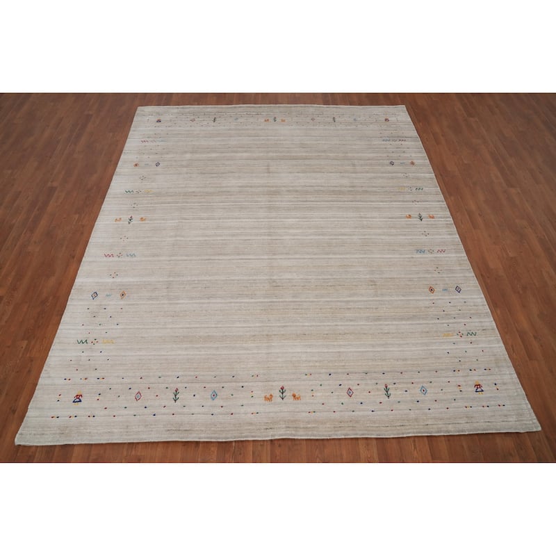 Hand Knotted Oriental Viscose Silk Carpet Tribal Animal Pictorial Beige & Ivories Gabbeh Area Rug - 9' 9'' X 8' 2''