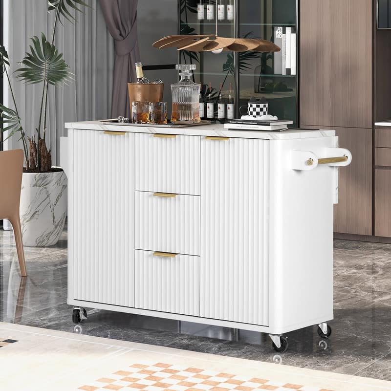 55.5" Fluted Kitchen Island with Drop Leaf and Storage Features Power Outlet and Adjustable Shelves