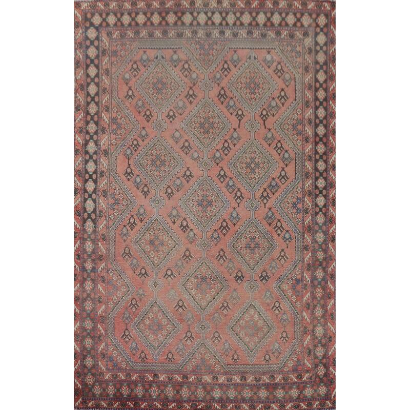 Pink Geometric Joshaghan Vintage Persian Rug Hand-Knotted Wool Carpet - 6'2" x 9'9"