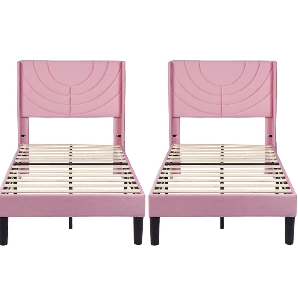 Kids Bed Frame, Height Adjustable Upholstered Bed, Twin Size Bed Set of 2