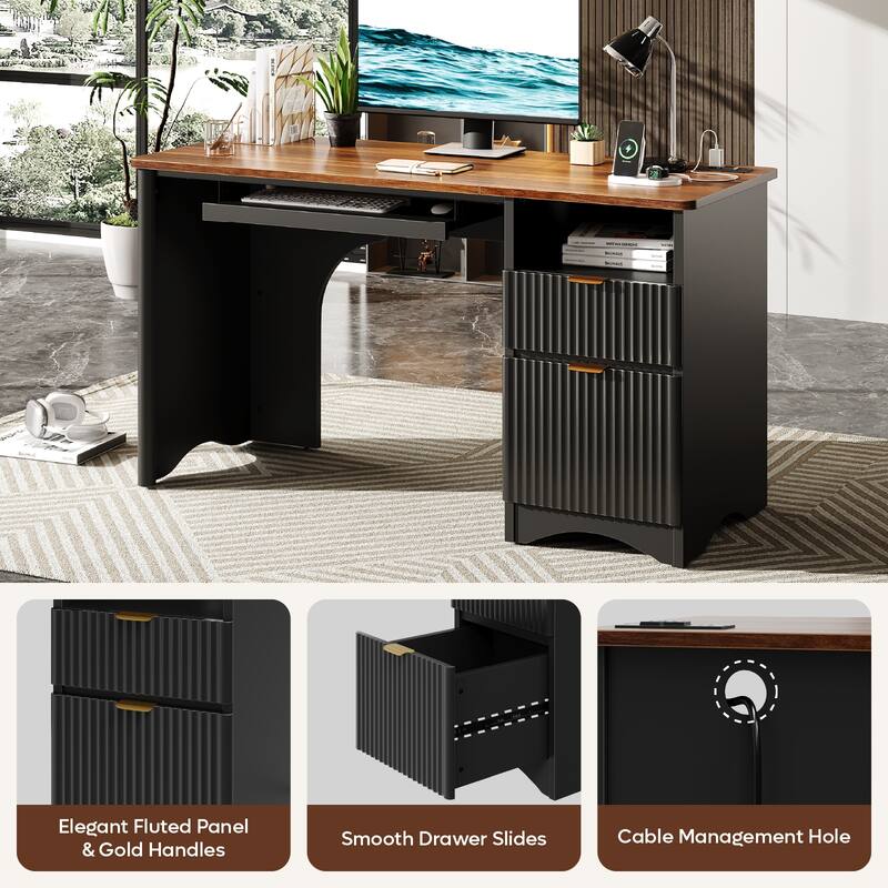 Bestier 55 in. Office Desk with Power Outlets, 2-Storage Drawers and Keyboard Tray