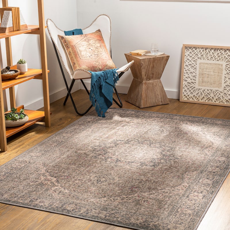 Livabliss Duquette Persian Medallion Printed Machine Washable Area Rug - Brown - 6' 7" x 9'